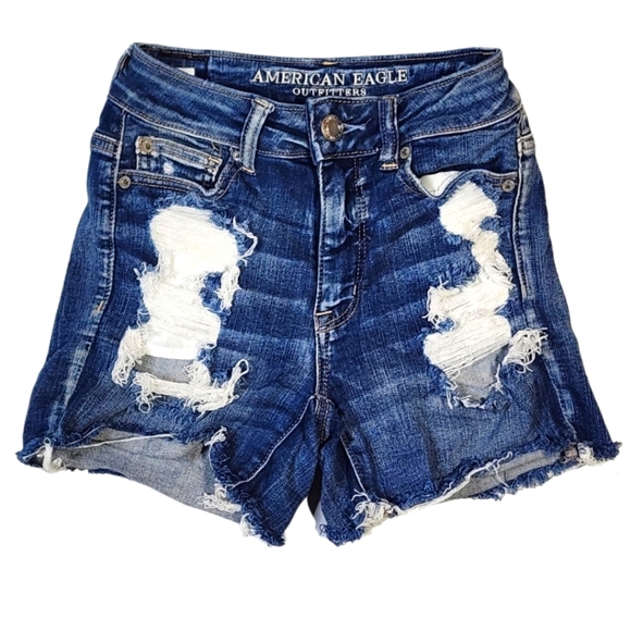 American Eagle Next Level Stretch X Hi-Rise Shortie Size 0 Dark Blue Distressed - Picture 1 of 5